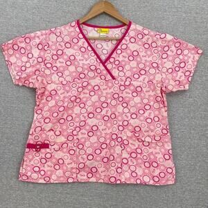 WonderWink Scrub Top Womens Large Pink Breast Cancer Ribbons Healthcare Uniform